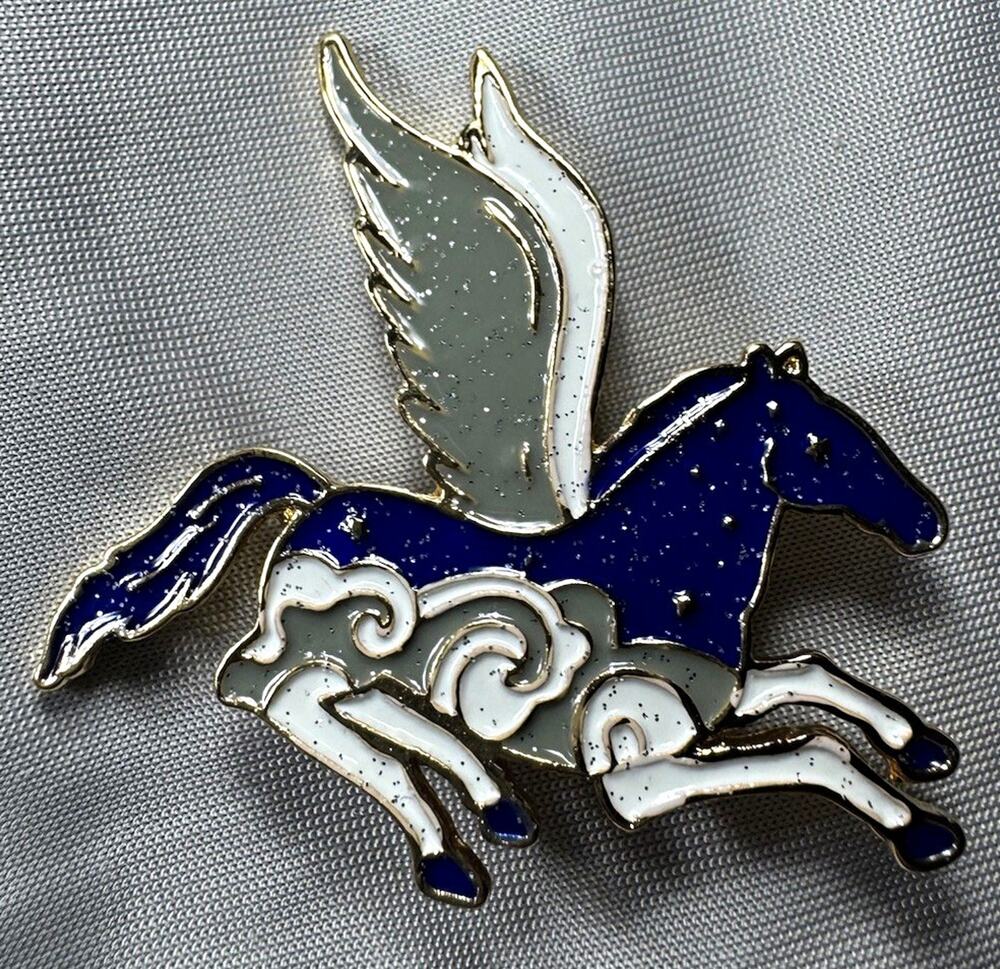 Blue White Enamel Pegasus Brooch Gold Tone Winged Horse Celestial Fantasy Pin